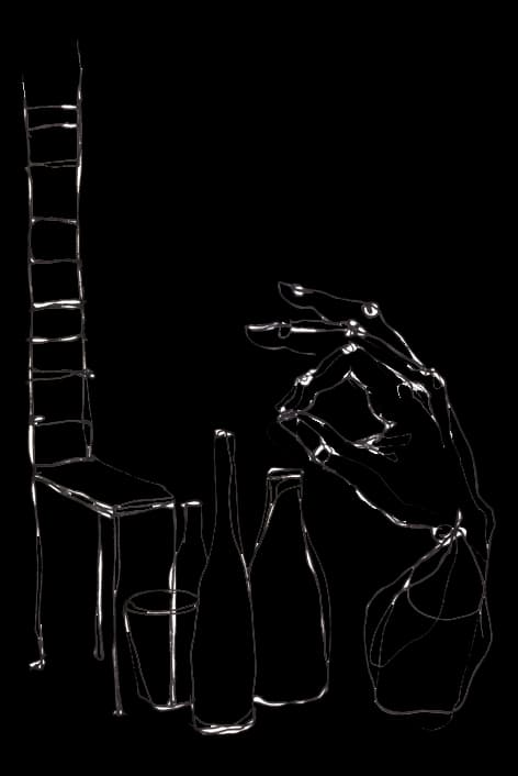 Dessin au trait de Sylwia — main, bouteilles, chaise