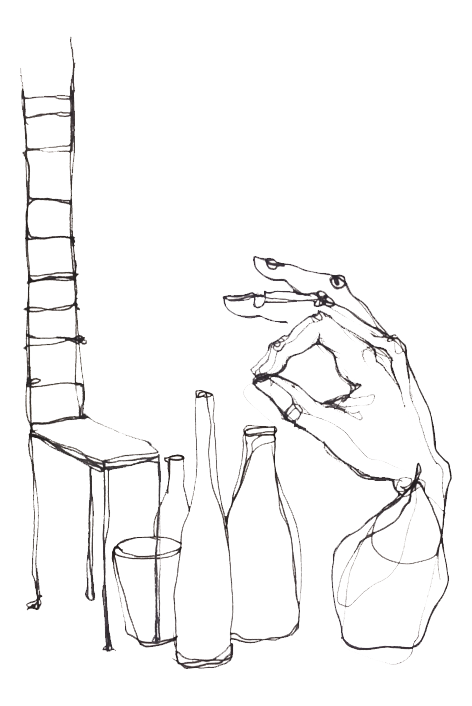 Dessin au trait de Sylwia — main, bouteilles, chaise